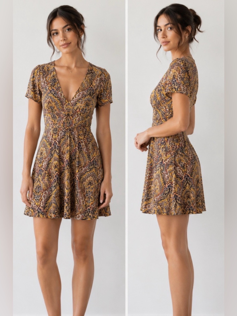 Only V-Neck Short Sleeve Paisley Dress in Mustard and Brown NWT